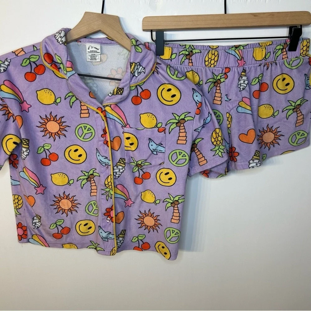 Art Class Girls Purple Printed Pajama Set, Size XL (14), Smiley Face, Cherries - Picture 1 of 8